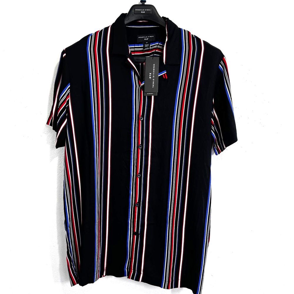 Shaquille O'Neal Shirts XLT Black Multi Stripe‎ Button Down Short Sleeve Casual
